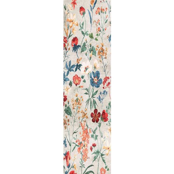 HaiiMeid April Beige 2 ft. x 8 ft. Floral Washable Runner Rug