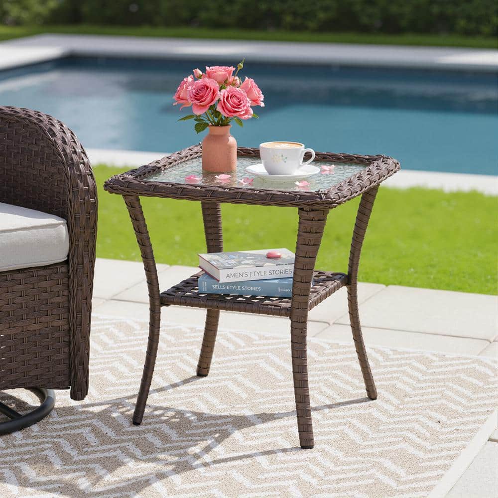 Rotavia Brown Square Patio Wicker Rattan Side Table Outdoor Tempered Glass Top Outdoor End Table with Storage price history on PriceWatchPro