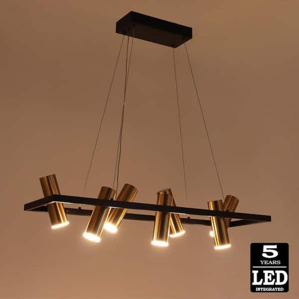 7-Light Modern Chandelier Lights, Brass 40W Integrated LED Light, Black Rectangle Kitchen Pendant Lights over Island