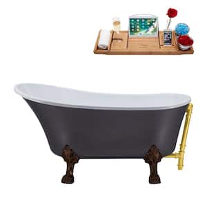 55 in. Acrylic Clawfoot Non-Whirlpool Bathtub in Matte Grey With Matte Oil Rubbed Bronze Clawfeet,Polished Gold Drain