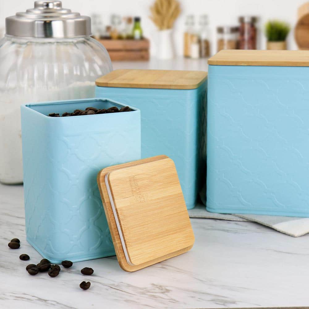 Turquoise Square Iron Canister Set with Bamboo Lids