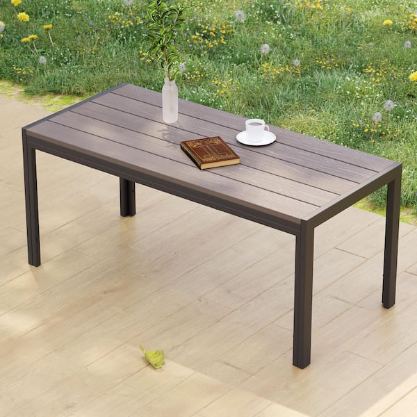 Sonkuki Rectangular Brown Metal Frame Plastic Wood Grain Table Top Outdoor Coffee Table Modern Industrial Style