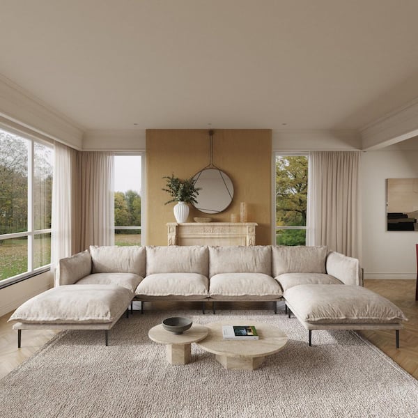 Spacious 147.24 in. Square Arm 6-Piece Cloud Velvet Modular Down Feather Sectional Sofa with Ottoman in Light Brown