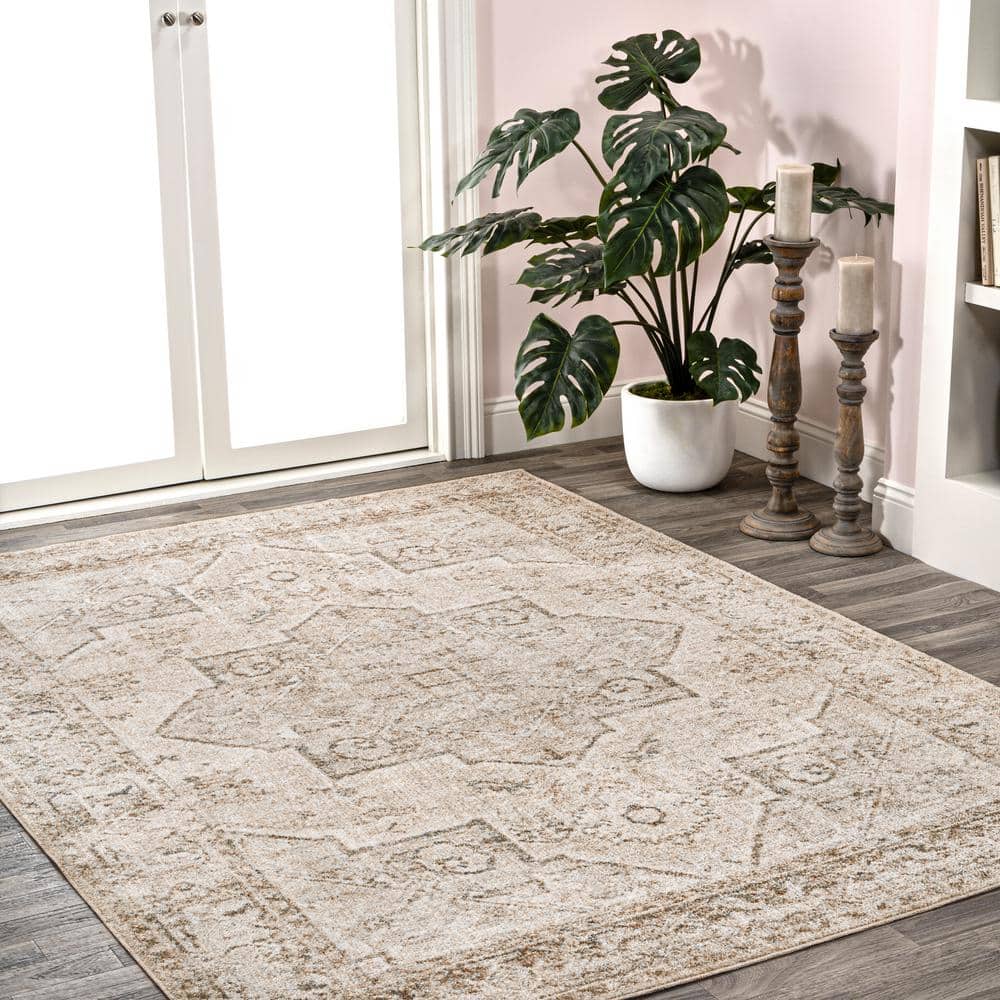 Cream and Brown Medallion Washable Synthetic Area Rug 5'3" x 7'7"