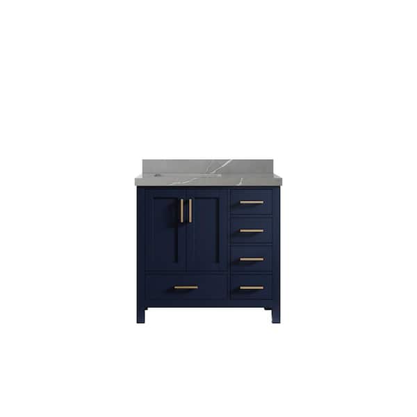 Willow Collections Malibu 36 in. W x 22 in. D x 36 in. H Left Offset Sink Bath Vanity in Navy Blue with 2 in. Piatra Quartz Top