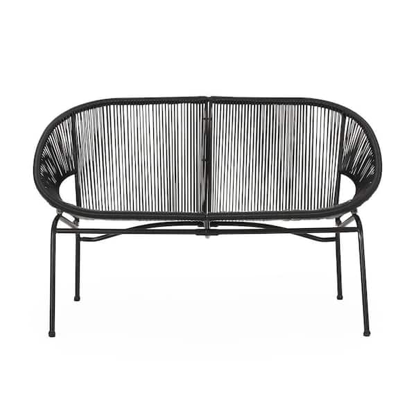 Remma Black Iron Metal Outdoor Loveseat with Basket Woven