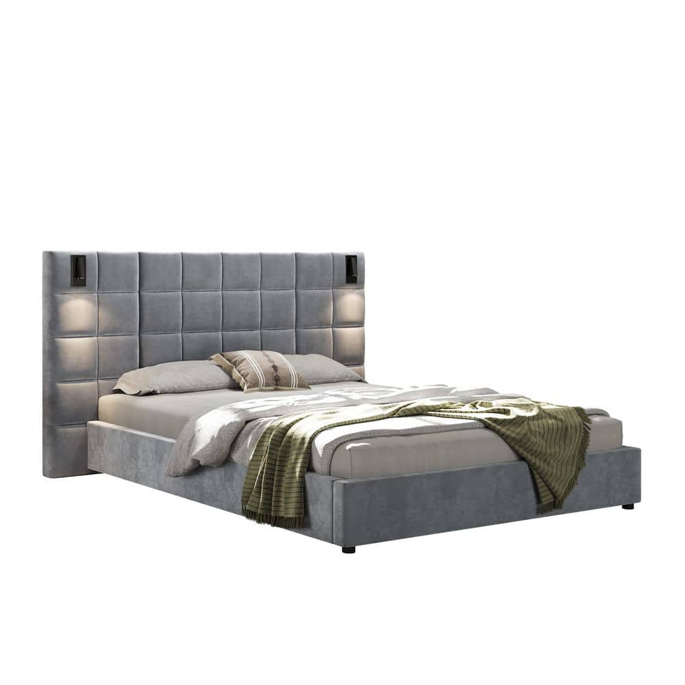 Gray Wood Frame King Velvet Upholstered Platform Bed with Large Luxuriously Padded Headboard, Reading Lamp, USB Port - thumbnail 2
