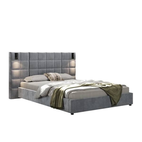 Gray Wood Frame Queen Velvet Upholstered Platform Bed with Large Luxuriously Padded Headboard, Reading Lamp, USB Port