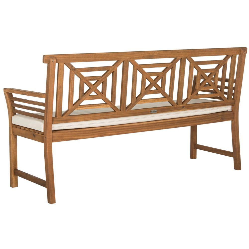 Tropical Villa-Inspired Teak Brown 3-Seat Garden Bench with Beige Cushion