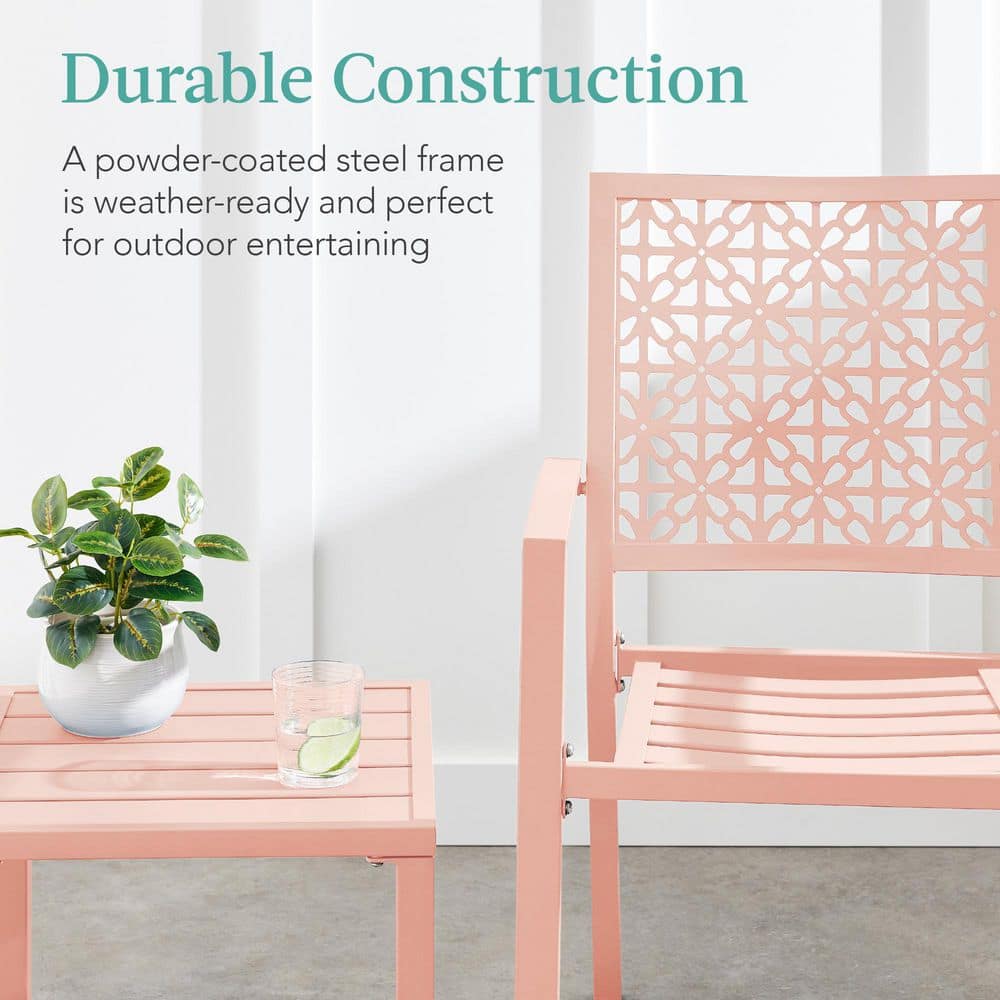 Peach Steel 3-Piece Outdoor Patio Bistro Set with Armchairs and Table