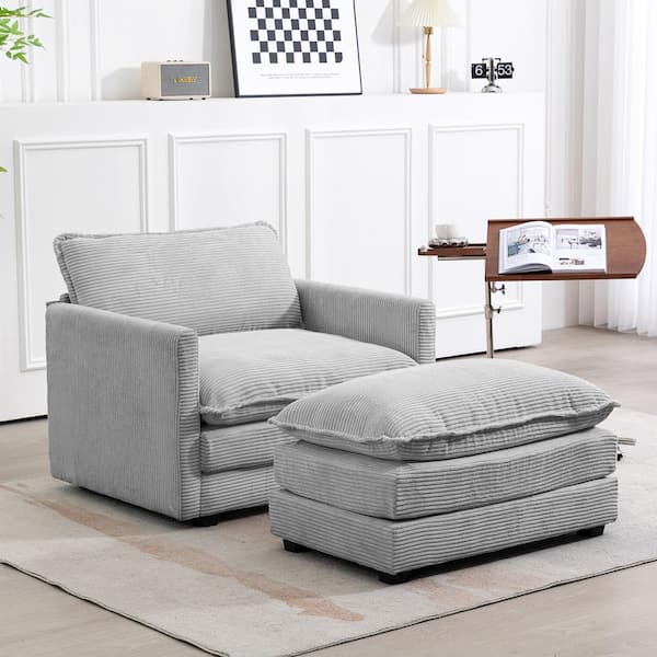 JEAREY Modern Grey Corduroy Accent Armchair with Ottoman for Living