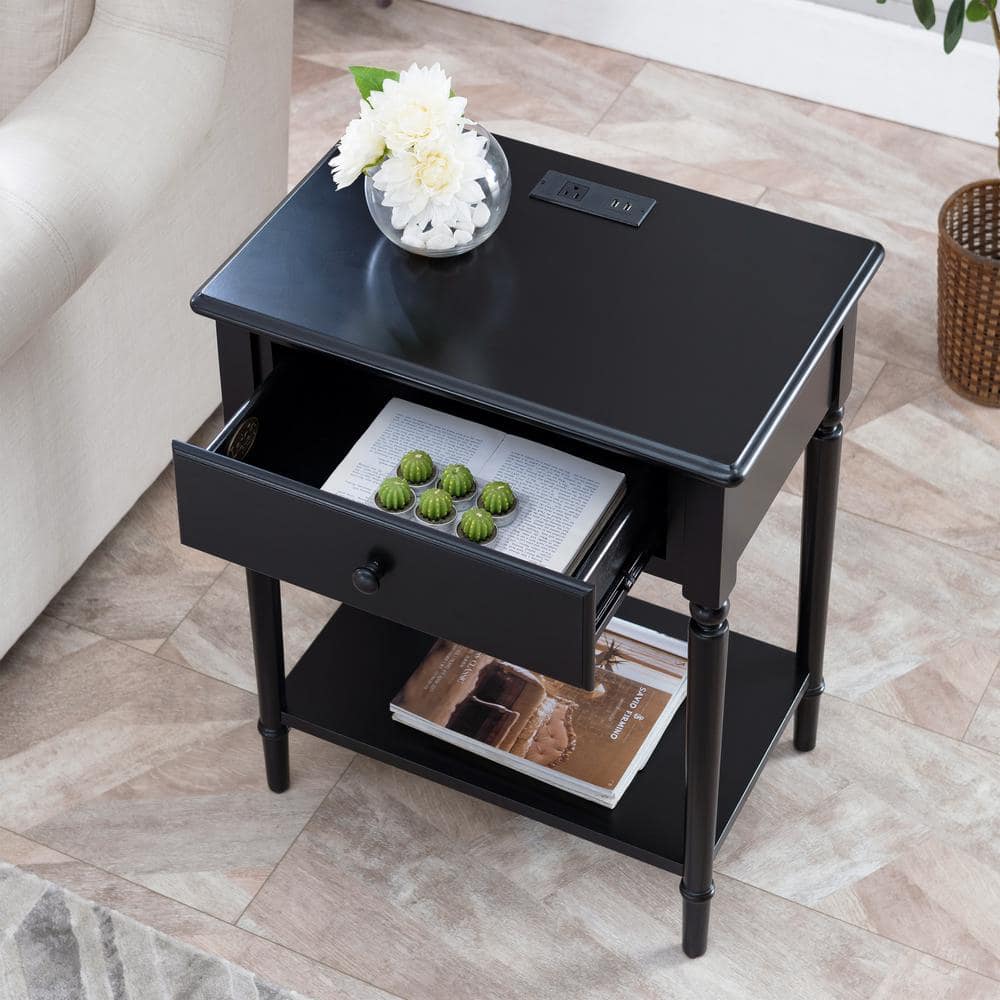 Swan Black Coastal 24" Solid Wood Nightstand with USB-C Charging