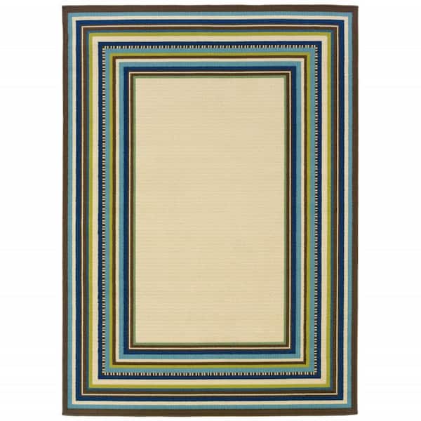 Ivory, Blue 2 ft. x 4 ft. Loomed Polypropylene Rectangle Indoor/Outdoor Area Rug