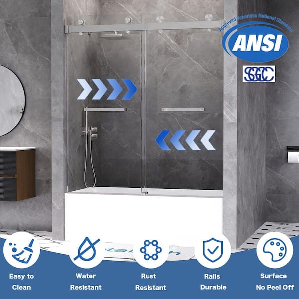 56 to 60 in. W x 66 in. H Double Sliding Frameless Tub Door in Brushed Nickel with 3/8 in. Tempered Clear Glass