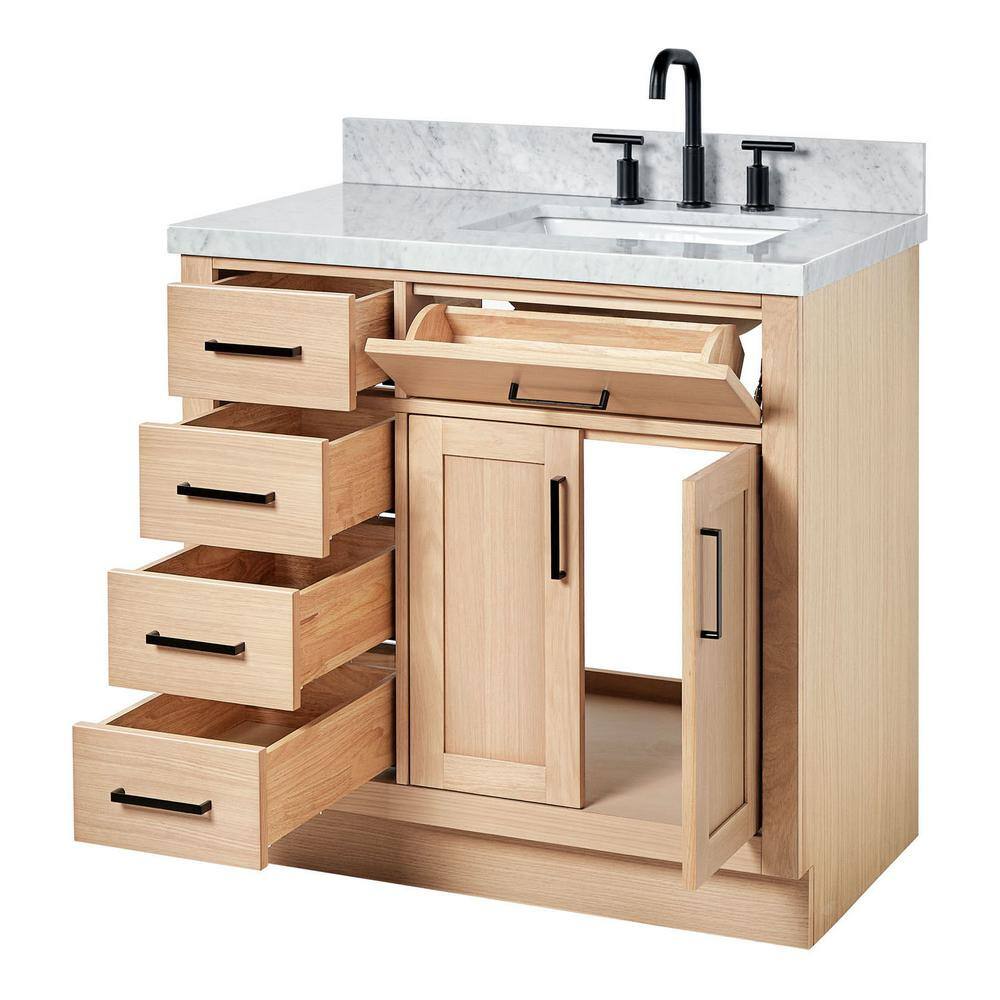 Oak Freestanding Single Vanity with Carrara Marble Top