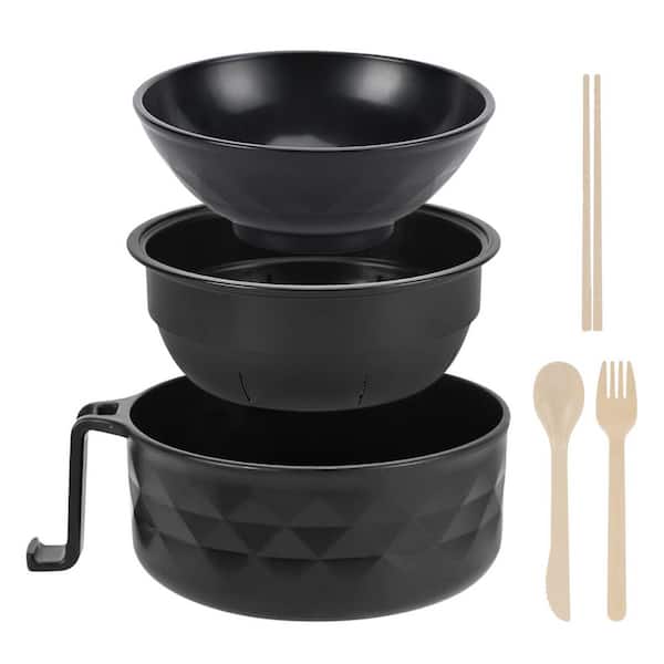 3-Piece Black Wheat Straw Microwave Ramen Cooker Bowl Set with Chopsticks and Spoon, Kitchen Essential