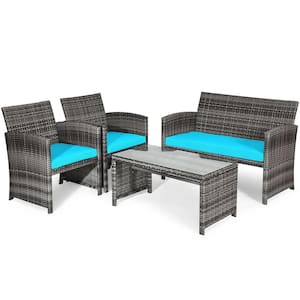 4-Piece Wicker Patio Conversation Set with Teal Cushions
