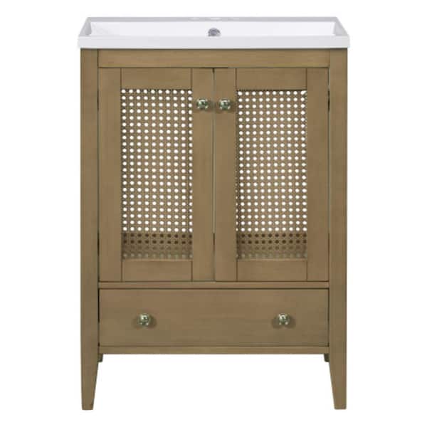 Sanlan BY15 24 in. W x 18 in. D x 34 in. H Single Sink Freestanding Bath Vanity in Natural with White Solid Surfer Top