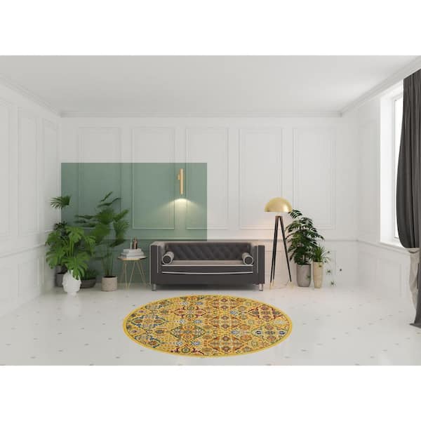 8 ft. Round Yellow Floral Washable Area Rug
