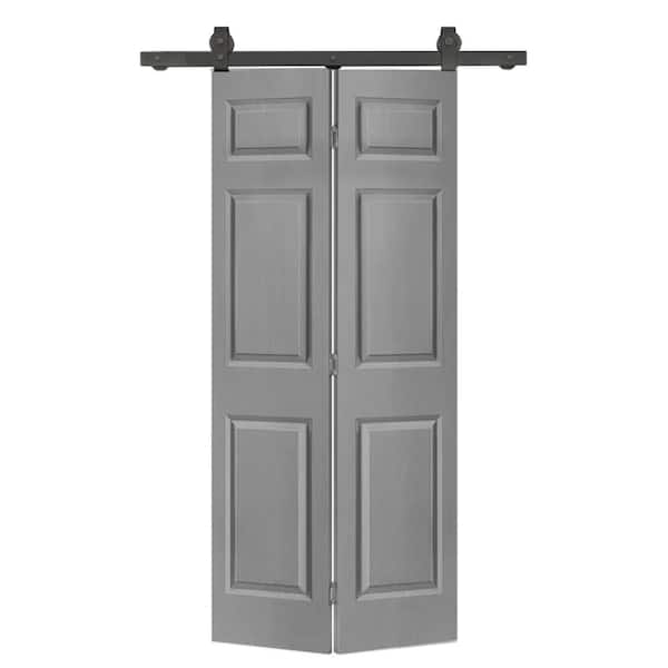 CALHOME 30 in. x 80 in. 6-Panel Light Gray Painted MDF Composite Bi-Fold Barn Door with Sliding Hardware Kit