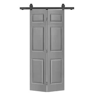 36 in. x 80 in. 6-Panel Light Gray Painted MDF Composite Bi-Fold Barn Door with Sliding Hardware Kit