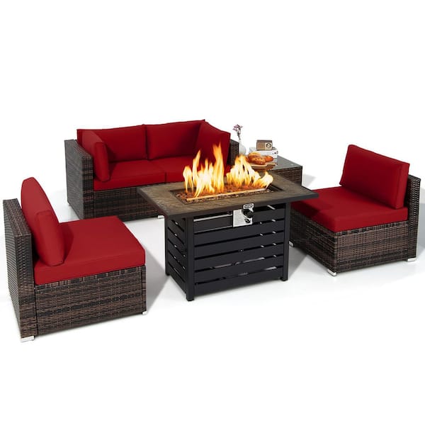 Costway 6-Piece Plastic Wicker Patio Conversation Set with Red Cushion 42 in. Fire Pit Table