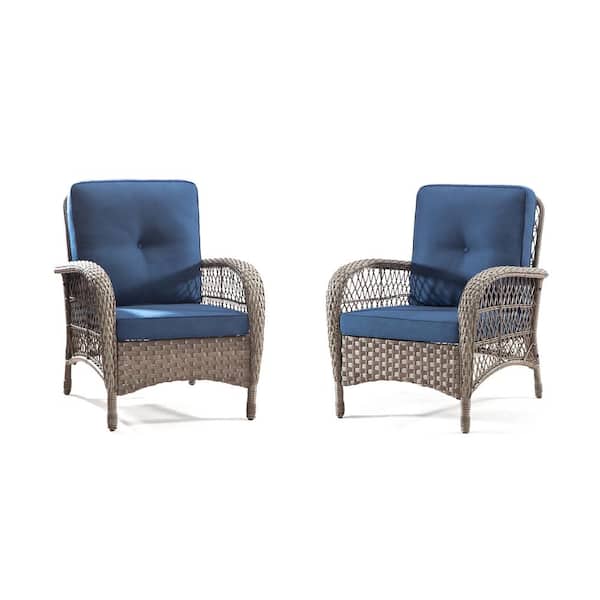 Unbranded Wicker Outdoor Rattan Chairs with Handmade PE Wicker and Blue Fabric Cushions, All Weather Rattan Chairs (2-Pack)