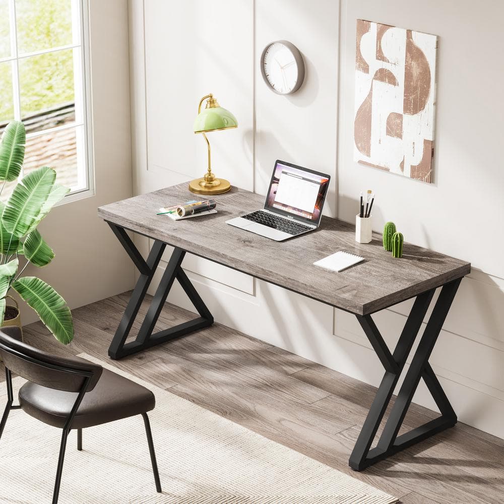 Gray 55" Adjustable Height Wood Writing Desk with Z-Shaped Metal Legs