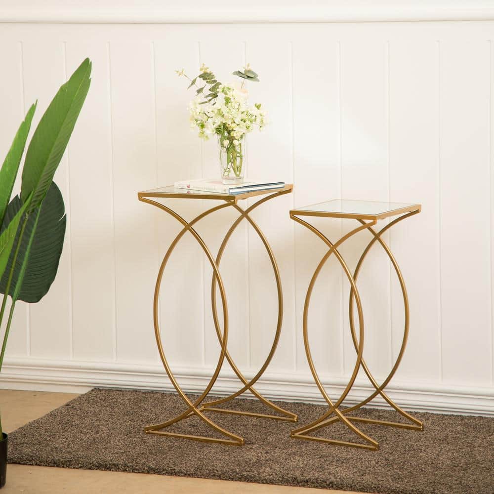 Gold Metal and Glass Square Nesting Tables, Set of 2