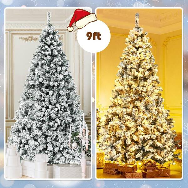 Costway 9 ft. Pre-Lit LED Flocked Snow Hinged Pine Artificial