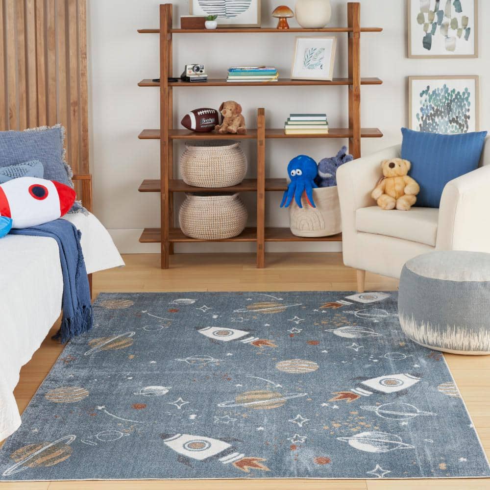 Astra Blue Multicolor Space Theme Kids Washable Rug 4' x 6'