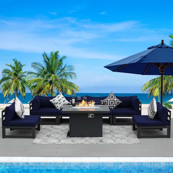 FINCATI Charcoal 7-Piece Aluminum Patio Conversation Deep Seating Set, Fire Pit Table and Navy Blue Cushions