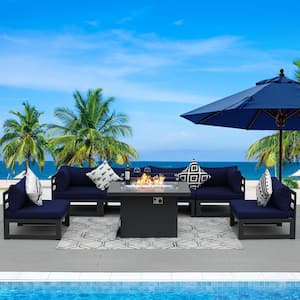Charcoal 7-Piece Aluminum Patio Conversation Deep Seating Set, Fire Pit Table and Navy Blue Cushions