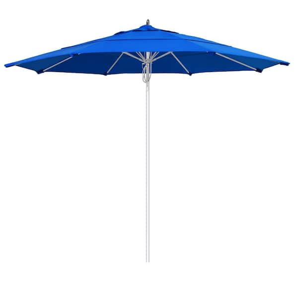 California Umbrella 11 ft. Silver Aluminum Commercial Market Patio Umbrella Fiberglass Ribs and Pulley lift in Pacific Blue Sunbrella