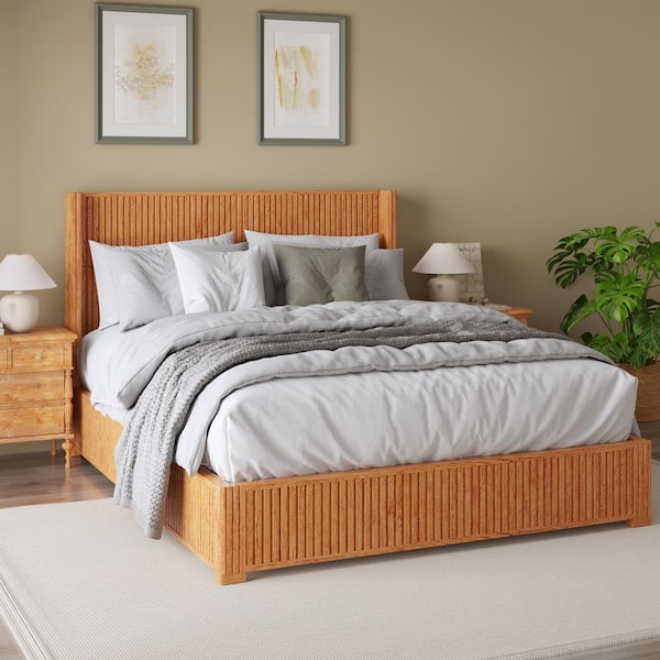 Merrick Country Rustic Natural Brown Finish Wood Frame Queen Platform Bed with Vertical Wood Grain Wingback Headboard