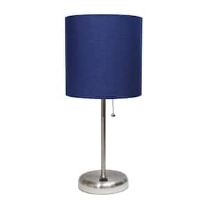 19.5 in. Brushed Steel/Navy Shade Contemporary Bedside USB Port Feature Standard Metal Table Desk Lamp