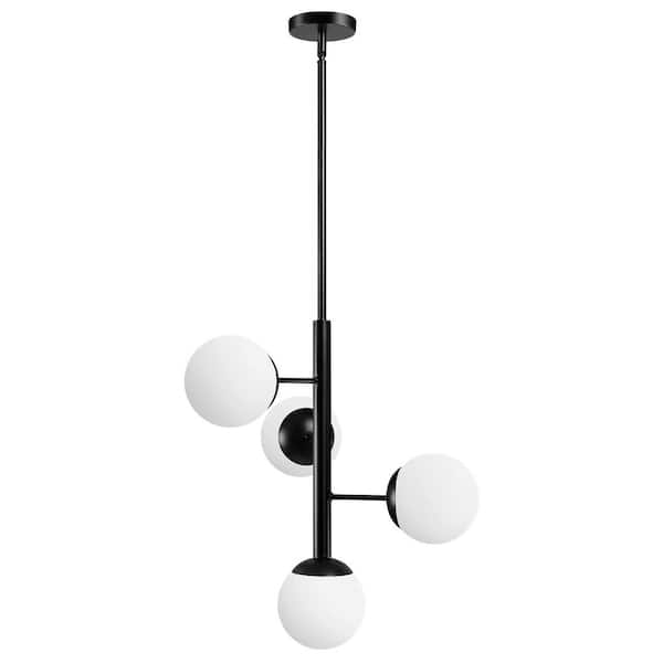 4-Light Modern Black Sputnik Linear Chandelier With Glass Globe Shades Mid Century Kitchen Pendant Light for Dining Room
