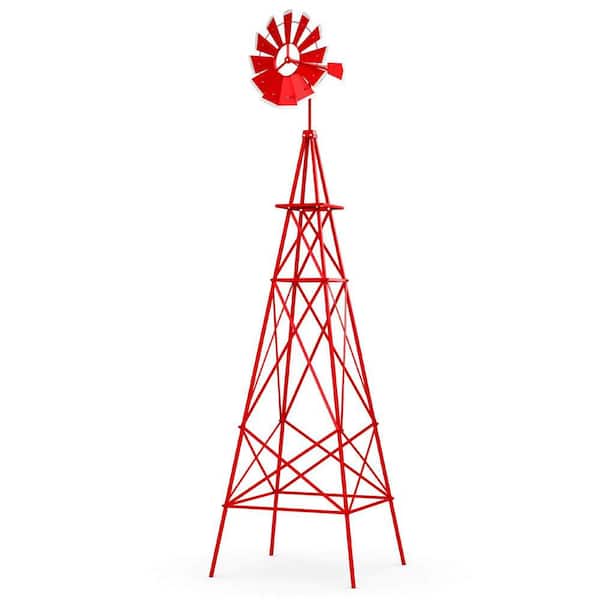 Costway 96 in. H Red Metal Ornamental Wind Spinner Windmill with 4 Support Legs Decorative Weathervane for Backyard
