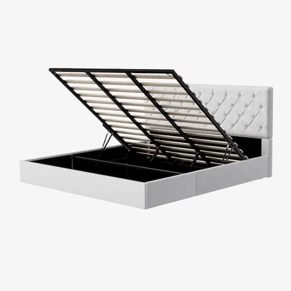 White Frame Queen Size Upholstered Platform Bed with Lift-Up Storage Supported by Metal and Wooden Slats