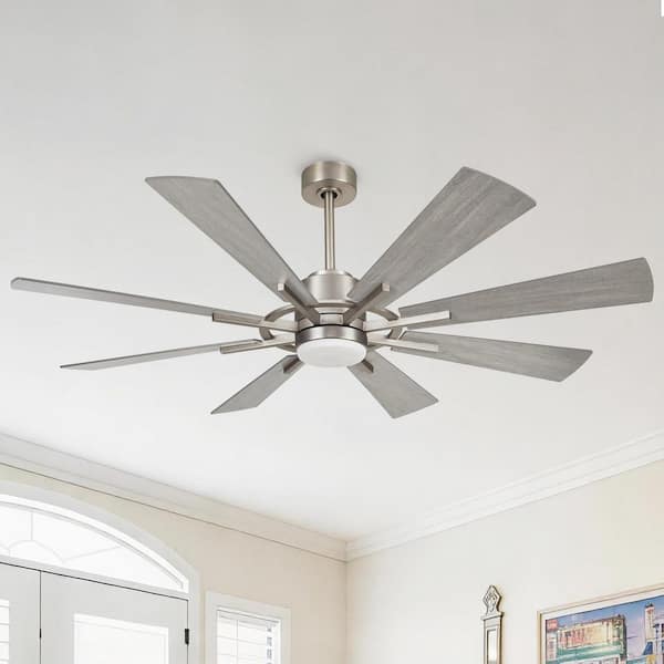 60 in. Modern Satin Nickel Downrod Mount LED Windmill Ceiling Fan with Light and Remote Control