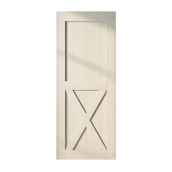 HOMACER 32 in. x 84 in. X-Frame Tinsmith Gray Solid Natural Pine Wood Panel Interior Sliding Barn Door Slab with Frame