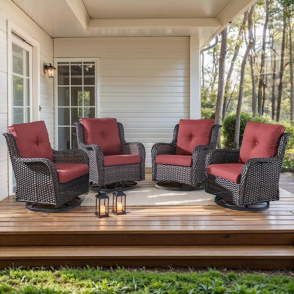 moosprr 4-Piece Brown Swivel Glider Wicker Outdoor Rocking Chair with Red Cushions and Curved Armrest