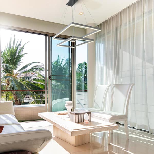 Atria Duo 74-Watt Silver ETL Certified Integrated LED Height Adjustable Hanging Pendant Light 2-Tier LED Chandelier