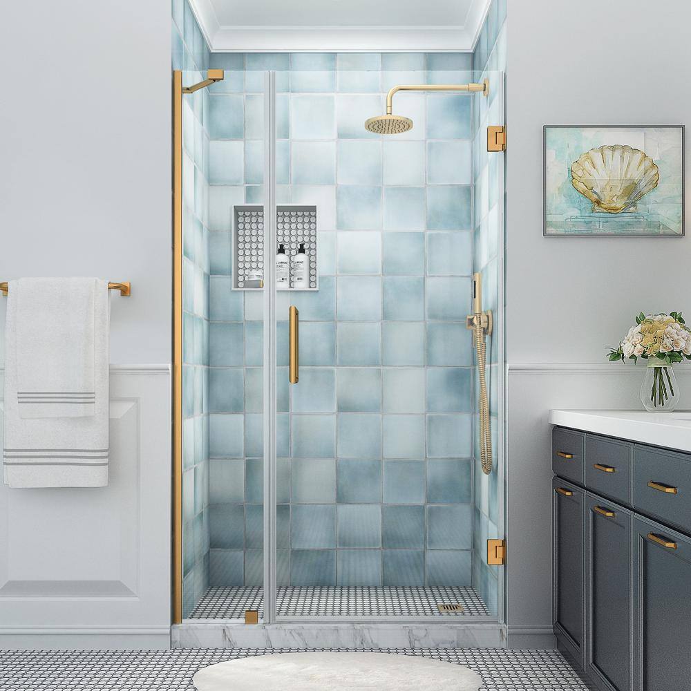 Belmore XL Frameless Hinged Shower Door with Clear Glass and Brushed Gold Finish