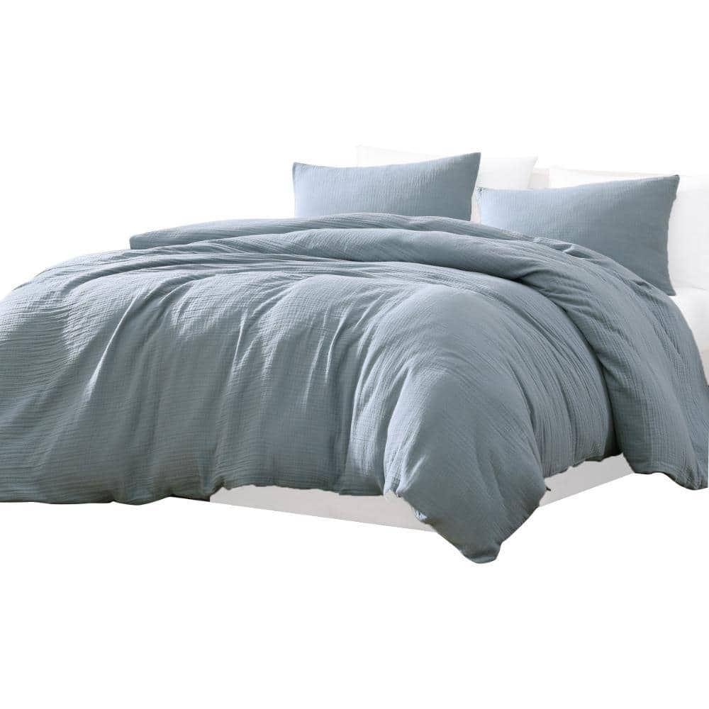 Benjara Uvi 3 Piece Blue Solid Print Cotton Queen Comforter Set BM304782 The Home Depot