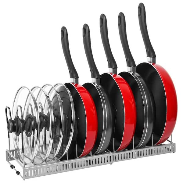 Gray Expandable Standing Pot Rack Organizer for Cabinet with 10 Adjustable Compartment for Cabinet, Cookware and Baking