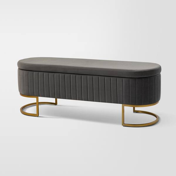 JAYDEN CREATION Olga Grey 50 in. Wide Modern Upholstered Storage Bench with Golden Metal Sled Legs