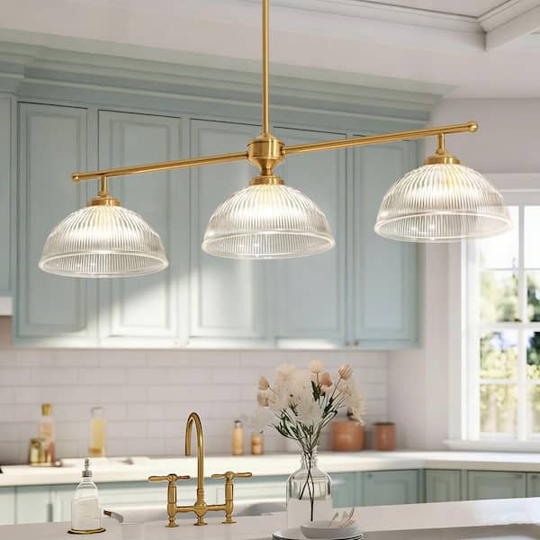 Aurelian 37.4 in. 3-Light Vintage Brass Linear Island Pendant Light with Clear Globe Ribbed Bowl Glass