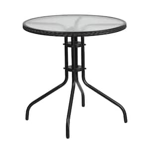 Clear Top/Black Rattan Round Metal Outdoor Bistro Table