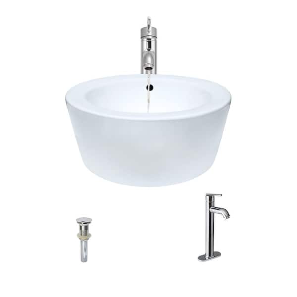 MR Direct Porcelain Vessel Sink in White with 718 Faucet and Pop-Up Drain in Chrome